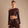 Braunes Pailletten-Set mit One-Shoulder-Oberteil und schmal geschnittener Hose - XS / Braun