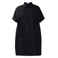 Detail of black short sleeve shirt dress with silver grommets and punk style ribbons - Black