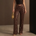 Chic dark brown sequin wide leg trousers with high waist cutout design for party wear - S / Brown