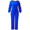 Detail van de koningsblauwe taille met trekkoord en elegante ruchesmouwen aan de set - S / Blauw