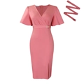 Rosa Kleid mit V-Ausschnitt, Volantärmeln, Seitenschlitz und goldenem Gürtel - S / Rosa
