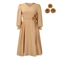 Elegantes khakifarbenes A-Linien-Kleid mit V-Ausschnitt, Puffärmeln und 3D-Blumen - S / Khaki