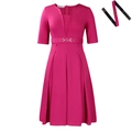 Robe midi élégante rose fuchsia à manches courtes avec ceinture à boucle dorée - S / Rose Rouge
