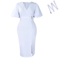 Weiβes V-Ausschnitt Midikleid mit Puffärmeln, Seitenschlitz und Gürtel - S / Weiß