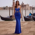 Elegante abito da sera blu reale con paillettes, scollo a V e taglio a sirena - M / Blu Reale