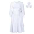 Elegantes weißes langärmliges A-Linien-Kleid mit 3D-Blumenakzenten und Plisseedetails - S / Weiß