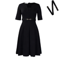 Robe noire chic à manches courtes, col en V, ceinture mors dorée et jupe plissée - S / Noir