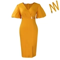 Senfgelbes Kleid mit V-Ausschnitt, Puffärmeln und passendem Gürtel in der Flachansicht - S / Gelb