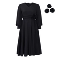 Elegantes schwarzes Langarmkleid mit V-Ausschnitt, Plisseerock und Blumen-Accessoires - S / Schwarz