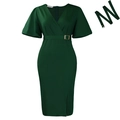 Dunkelgrünes Kleid mit V-Ausschnitt, Puffärmeln, Gürtel mit Goldschnalle und Schlitz - S / Armeegrün