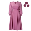 Elegantes tiefrosa A-Linien-Kleid mit V-Ausschnitt und drei 3D-Blumen-Accessoires - S / Lotusrosa