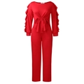 Gedetailleerd overzicht van rode jumpsuit met ruches aan de mouwen en trekkoord - S / Rood