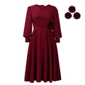 Elegant burgundy V-neck long sleeve A-line dress with side 3D flower decoration - Burgundy