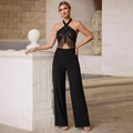 Women's black sequin halter top with tassels and high waist wide leg pants set - S / Black
