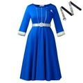 Elegant royal blue A-line midi dress with 3/4 sleeves and checkered belt accent - S / Blue With Brooch Belt