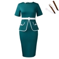 Elegante abito attillato verde scuro a maniche corte con cintura bianca e decorazioni - S / Verde