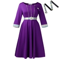Elegant deep purple dress with colorful plaid patchwork and matching buckled belt - S / Purple With Brooch Belt