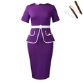 Elegante abito a tubino viola a maniche corte con profili bianchi e cintura coordinata - S / Viola
