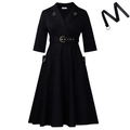 Elegante abito retrò nero con colletto a rever e cintura con fibbia dorata - S / Nero