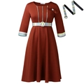 Elegant brick red long-sleeve dress with blue-green plaid patchwork and bow details - S / Brown With Brooch Belt