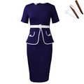 Elegante abito tubino blu scuro a maniche corte con dettagli e bordi bianchi a contrasto - S / Blu scuro