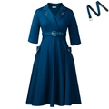 Elegante abito blu navy a trapezio con colletto a revers e cintura dorata abbinata - S / Verde Pavone