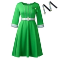 Elegant green A-line dress with black and white plaid bow and matching belt detail - S / Green With Brooch Belt