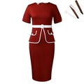 Abito midi rosso scuro elegante e aderente con profili bianchi e cintura per donna - S / Marrone