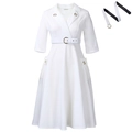 Elegante abito blazer bianco a vita alta con rever e cintura con fibbia dorata - S / Bianco