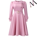 Elegante abito a trapezio rosa antico a maniche lunghe con bottoni dorati e cintura - S / Rosa