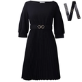 Elegantes schwarzes Midikleid mit Faltenrock, 3/4 Ärmeln und goldener Gürtelschnalle - S / Schwarz