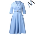 Elegante abito africano azzurro a vita alta con colletto a rever e cintura con fibbia in metallo - S / Azzurro