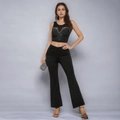 Women's black sleeveless rhinestone crop top and high waist flare pants two-piece set - S / Black