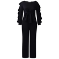 Details van de elegante zwarte set met lange mouwen, ruches en trekkoord in de taille - S / Zwart