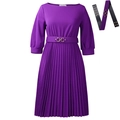 Elegantes lila plissiertes Midikleid mit Dreiviertelärmeln und passendem Gürtel mit Goldschnalle - S / Lila