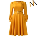 Elegante abito midi a trapezio giallo vivace a maniche lunghe con bottoni d'oro e cintura - S / Giallo