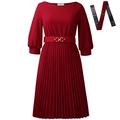 Elegantes weinrotes Plissee-Midikleid mit Laternenärmeln und goldenem Doppelring-Gürtel - S / Burgunderrot