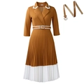 Dames A-lijn jurk met lange mouwen in camel en wit patchwork met bijpassende riem - S / Khaki met riem