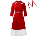 Vintage rood-witte geplooide A-lijn jurk met lange mouwen en gouden riemgesp - S / Rood met riem