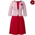 Zweiteiliges Set mit afrikanischem Print, rotem Kleid und geometrischer Jacke - S / Weinrot und Brosche