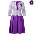 Zweiteiliges Set aus lila ärmellosem Kleid und geometrischer Jacke mit Perlenblumenbrosche - S / Lila und Brosche