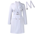 Elegant white double-breasted suit dress with gold buttons and adjustable waist belt - S / White