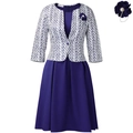 Afrikanisches Print-Set mit dunkelblauem A-Linien-Kleid und geometrischer Jacke - S / Marineblau und Brosche
