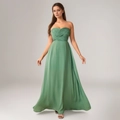 Elegant sage green strapless evening maxi dress with pleated bodice and high waist design - S / Green