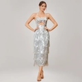 Abito con paillettes argento con allacciatura al collo e frange per feste - XL / Argento