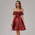 Funkelndes rotes Pailletten-Cocktailkleid trägerlos für Damen Partykleidung - S / Rot