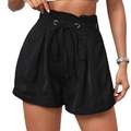 Damen High Waist weite schwarze Shorts mit Kordelzug und fixiertem Saumaufschlag - S / Schwarz