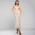 Vestido de noche largo con lentejuelas champán, cuello de pico y corte de sirena elegante - S / Champán