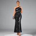 Elegante galajurk met één schouder, zwarte pailletten, zilveren patroon en zeemeerminzoom - S / Zwart