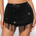 Pantaloncini neri a vita alta con paillettes e frange per feste e festival - S / Nero